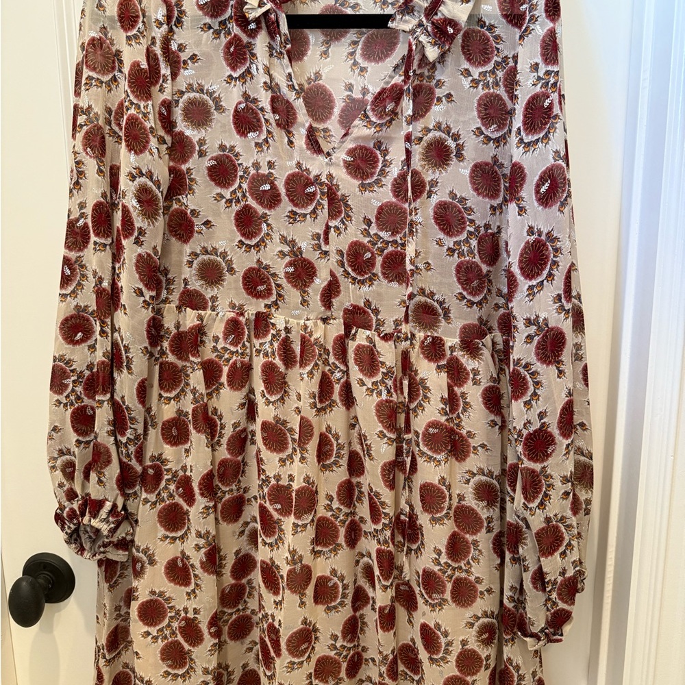 Red Pleated Long Sleeve Sundress with Notched Collar